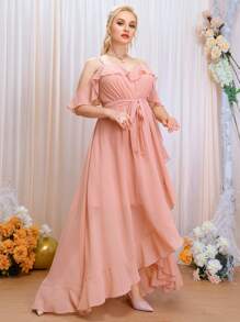 SHEIN Belle Plus Ruffle Trim Cold Shoulder Wrap Belted Bridesmaid Dress - Pink - View 6