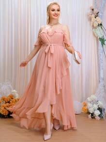 SHEIN Belle Plus Ruffle Trim Cold Shoulder Wrap Belted Bridesmaid Dress - Pink - View 7
