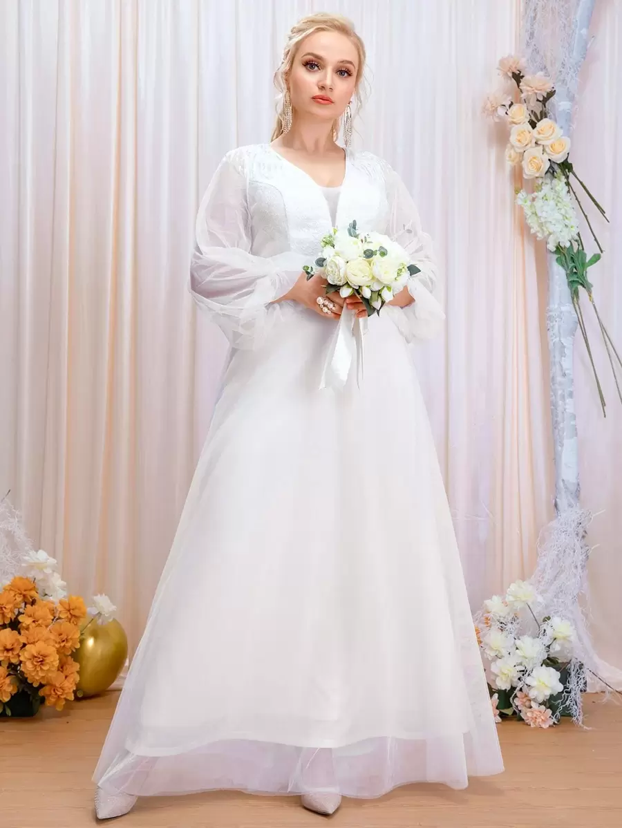 SHEIN Belle Plus Lantern Sleeve Contrast Lace Mesh Wedding Dress - White - View 1