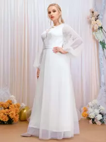 SHEIN Belle Plus Lantern Sleeve Contrast Lace Mesh Wedding Dress - White - View 4
