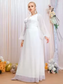 SHEIN Belle Plus Lantern Sleeve Contrast Lace Mesh Wedding Dress - White - View 5