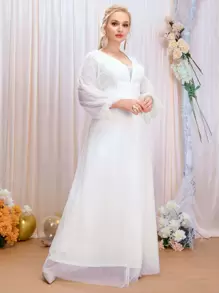 SHEIN Belle Plus Lantern Sleeve Contrast Lace Mesh Wedding Dress - White - View 6