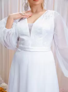 SHEIN Belle Plus Lantern Sleeve Contrast Lace Mesh Wedding Dress - White - View 7