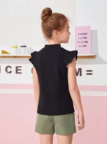 SHEIN Conjunto de blusa con ribete de volantes para niña preadolescente y pantalones cortos con cintura fruncida y cinturón - Multicolor - Ver 2