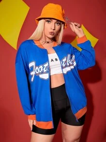 大碼字母圖案拉鏈開襟落肩袖運動飛行員夾克 - 寶藍色 - 查看 1