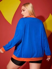 大碼字母圖案拉鏈開襟落肩袖運動飛行員夾克 - 寶藍色 - 查看 2