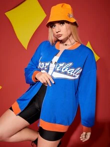 大碼字母圖案拉鏈開襟落肩袖運動飛行員夾克 - 寶藍色 - 查看 3