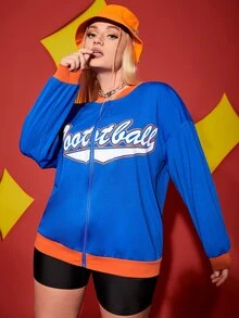 大碼字母圖案拉鏈開襟落肩袖運動飛行員夾克 - 寶藍色 - 查看 4