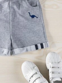 小男童恐龍刺繡拼接面前蝴蝶結短褲 - 灰色 - 查看 3