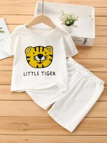 小男童卡通和字母圖案T恤和短褲 - 白色 - 查看 1