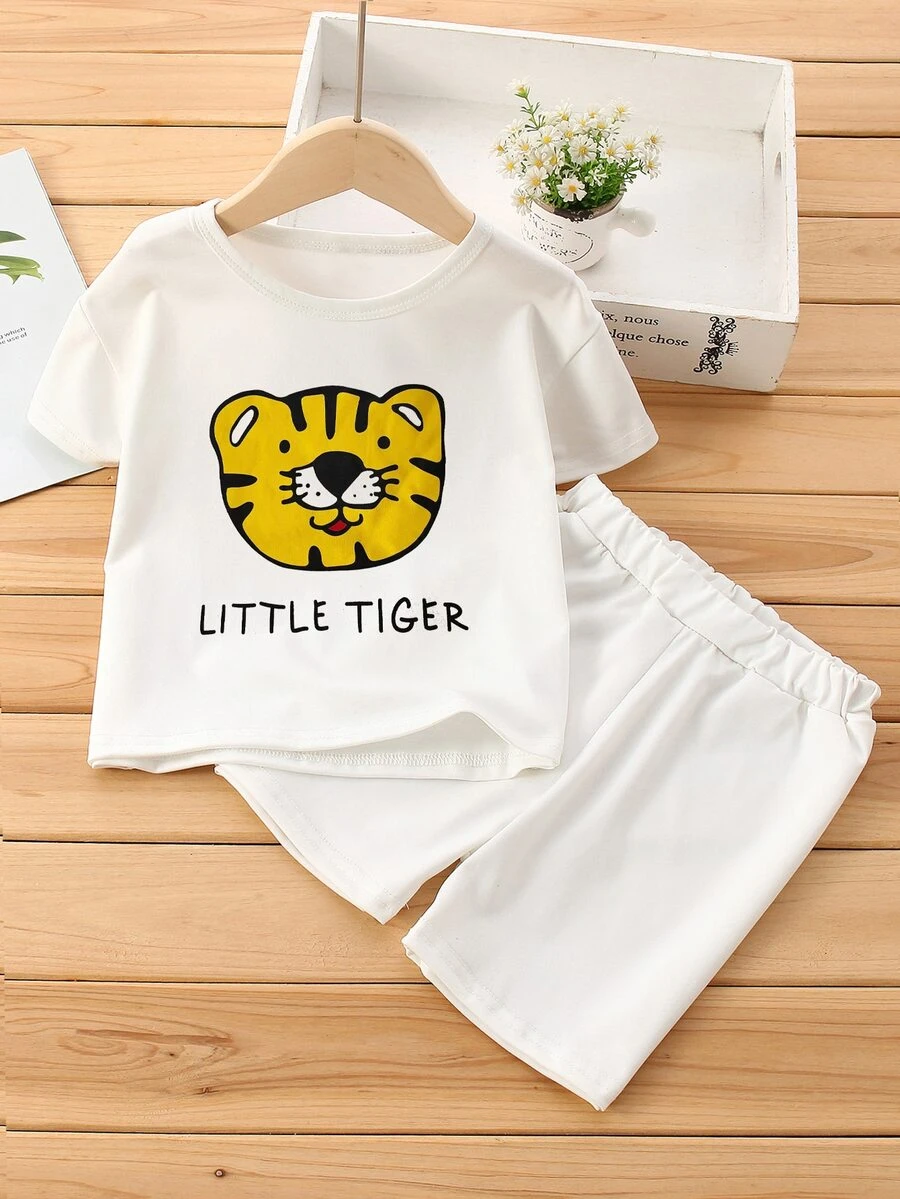 小男童卡通和字母圖案T恤和短褲 - 白色 - 查看 1