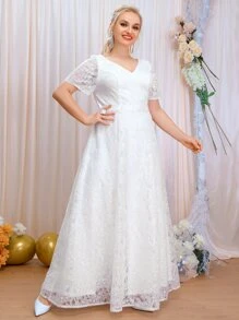 SHEIN Belle Plus V-Back Embroidery Mesh Overlay Guipure Lace Insert Wedding Dress - White - View 6