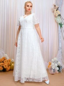 SHEIN Belle Plus V-Back Embroidery Mesh Overlay Guipure Lace Insert Wedding Dress - White - View 7