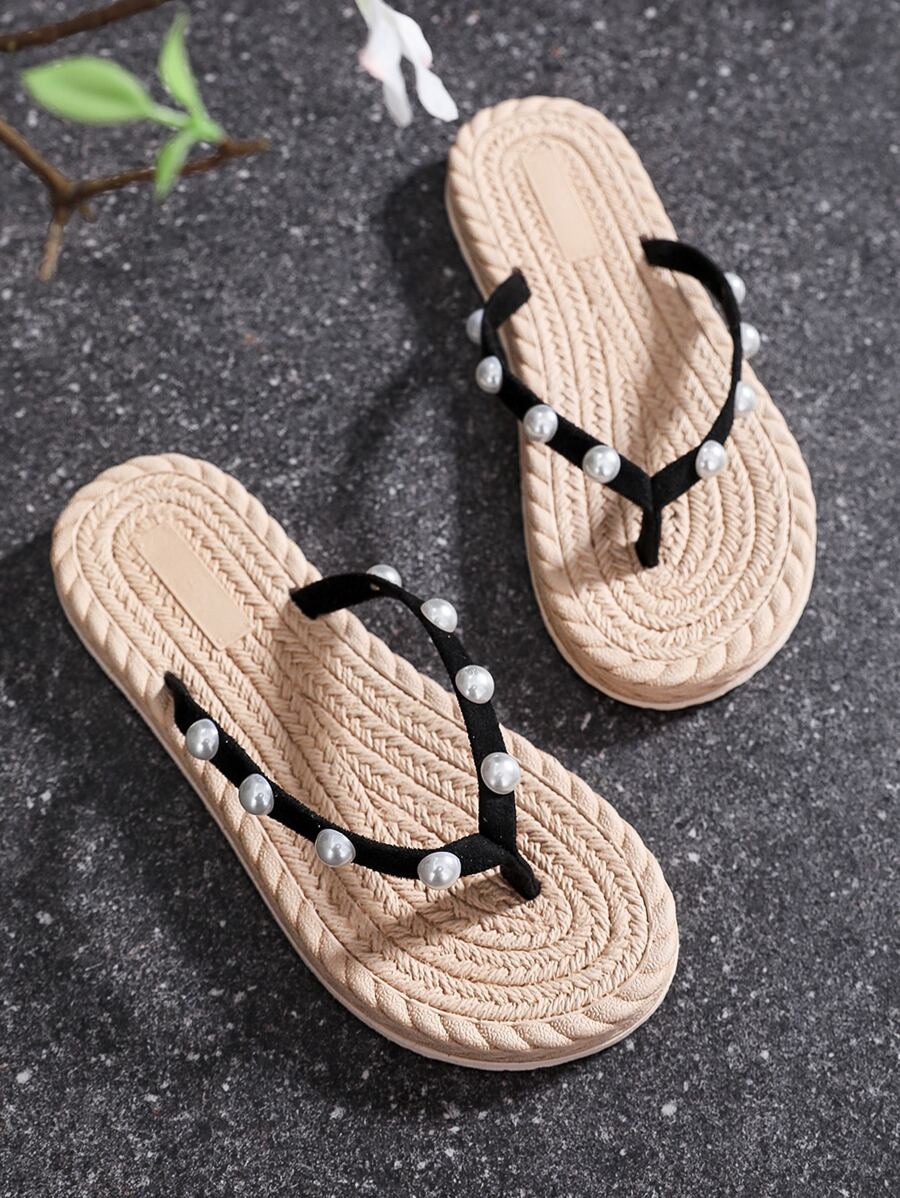 Dép Xỏ ngón Nữ Ngọc trai màu trơn Đúng mốt - màu đen - Xem 1