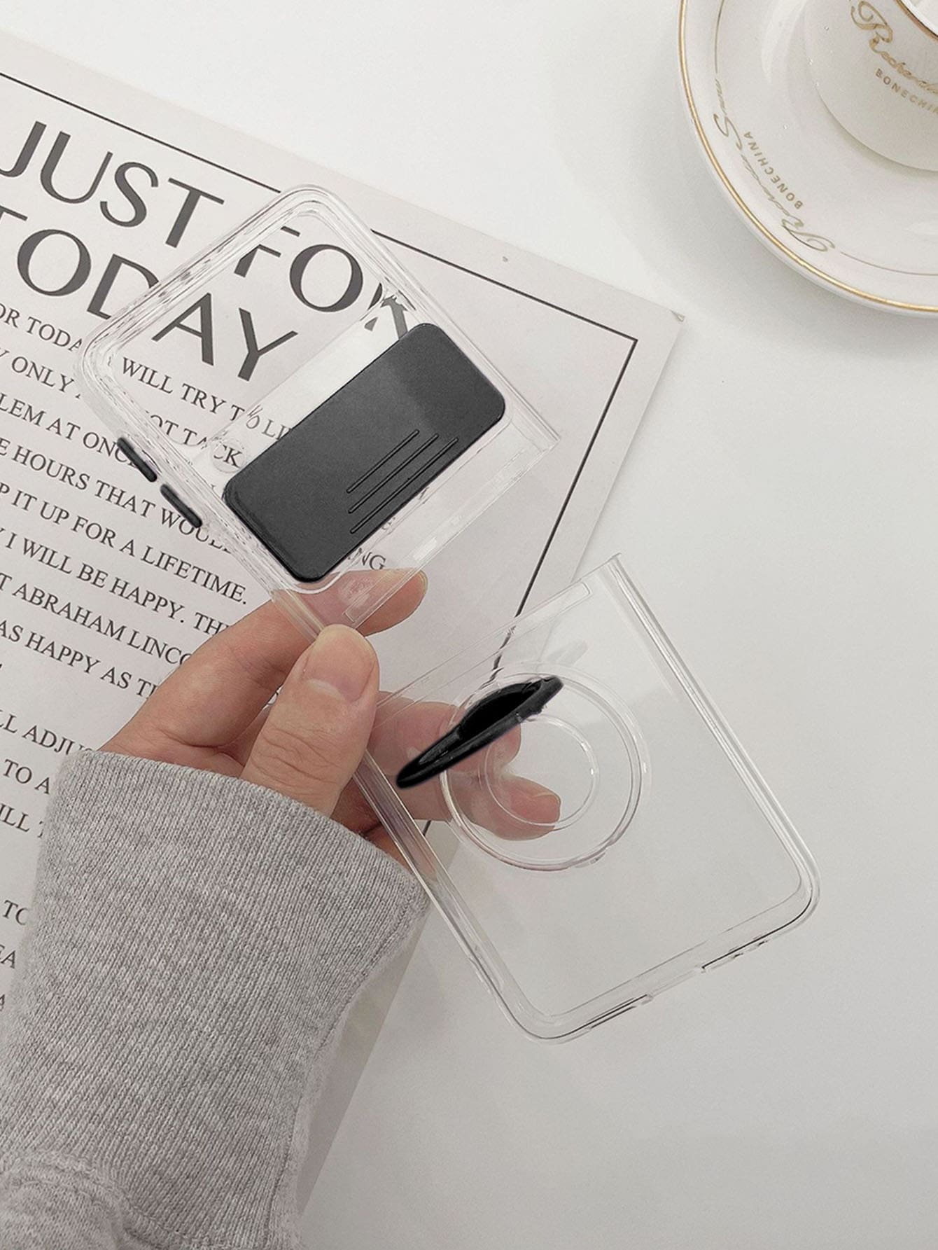 Clear Phone Case With Slide Cover & Ring Holder Compatible With Galaxy Z Flip3 - Black - View 1