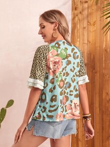 EMERY ROSE Camiseta con estampado de leopardo de manga con volante - Multicolor - Ver 2