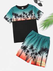SHEIN Boys Tropical Print Tee & Elastic Waist Shorts - Multicolor - View 1