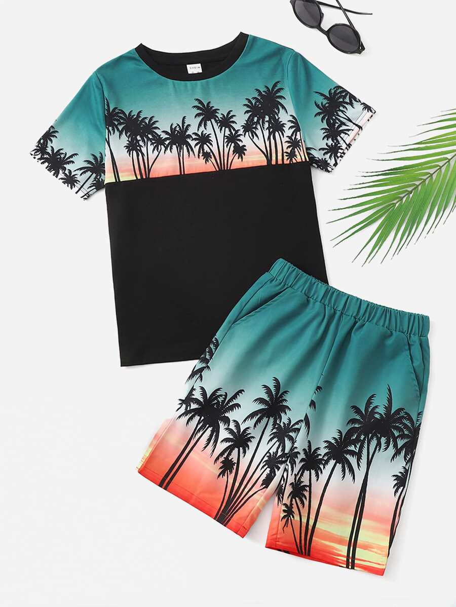 SHEIN Boys Tropical Print Tee & Elastic Waist Shorts - Multicolor - View 1