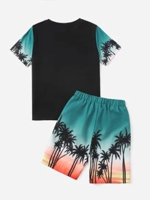 SHEIN Boys Tropical Print Tee & Elastic Waist Shorts - Multicolor - View 2