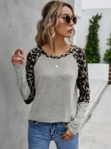 SHEIN LUNE Contrast Leopard Raglan Sleeve Tee - Grey - View 1