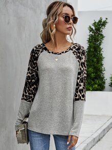 SHEIN LUNE Contrast Leopard Raglan Sleeve Tee - Grey - View 5