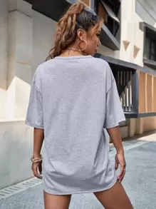 SHEIN Unity Áo thun nữ Đồ họa Lá thư Giải trí - Xám - Xem 2