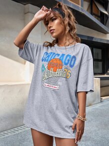 SHEIN Unity Áo thun nữ Đồ họa Lá thư Giải trí - Xám - Xem 3