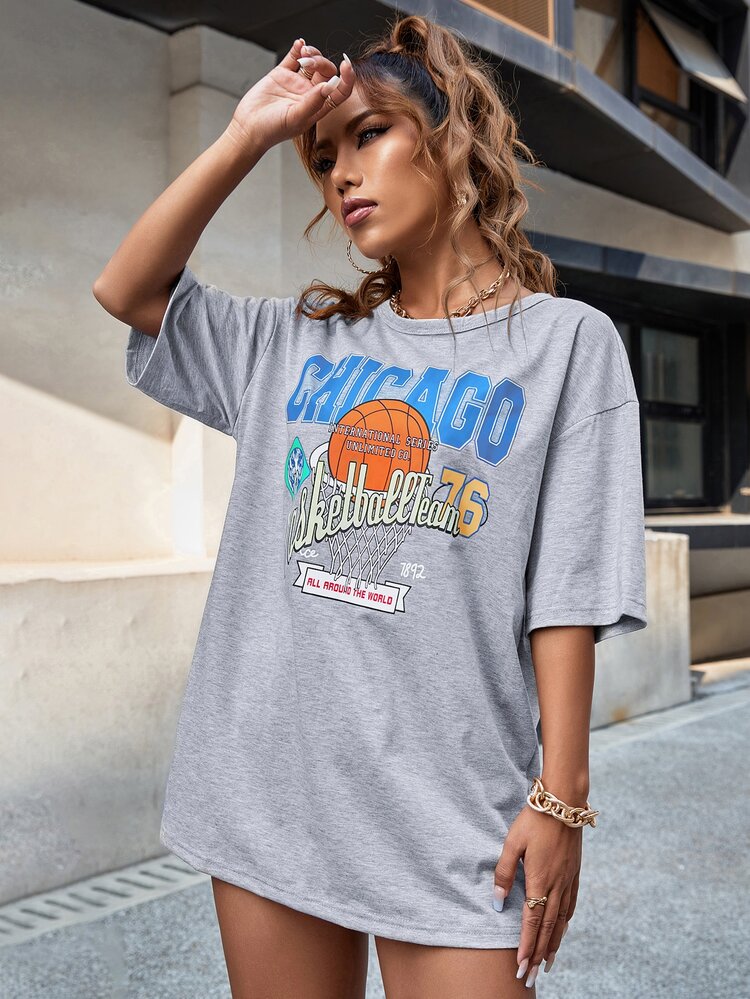 SHEIN Unity 字母和籃球印花落肩T恤 - 灰色 - 查看 3