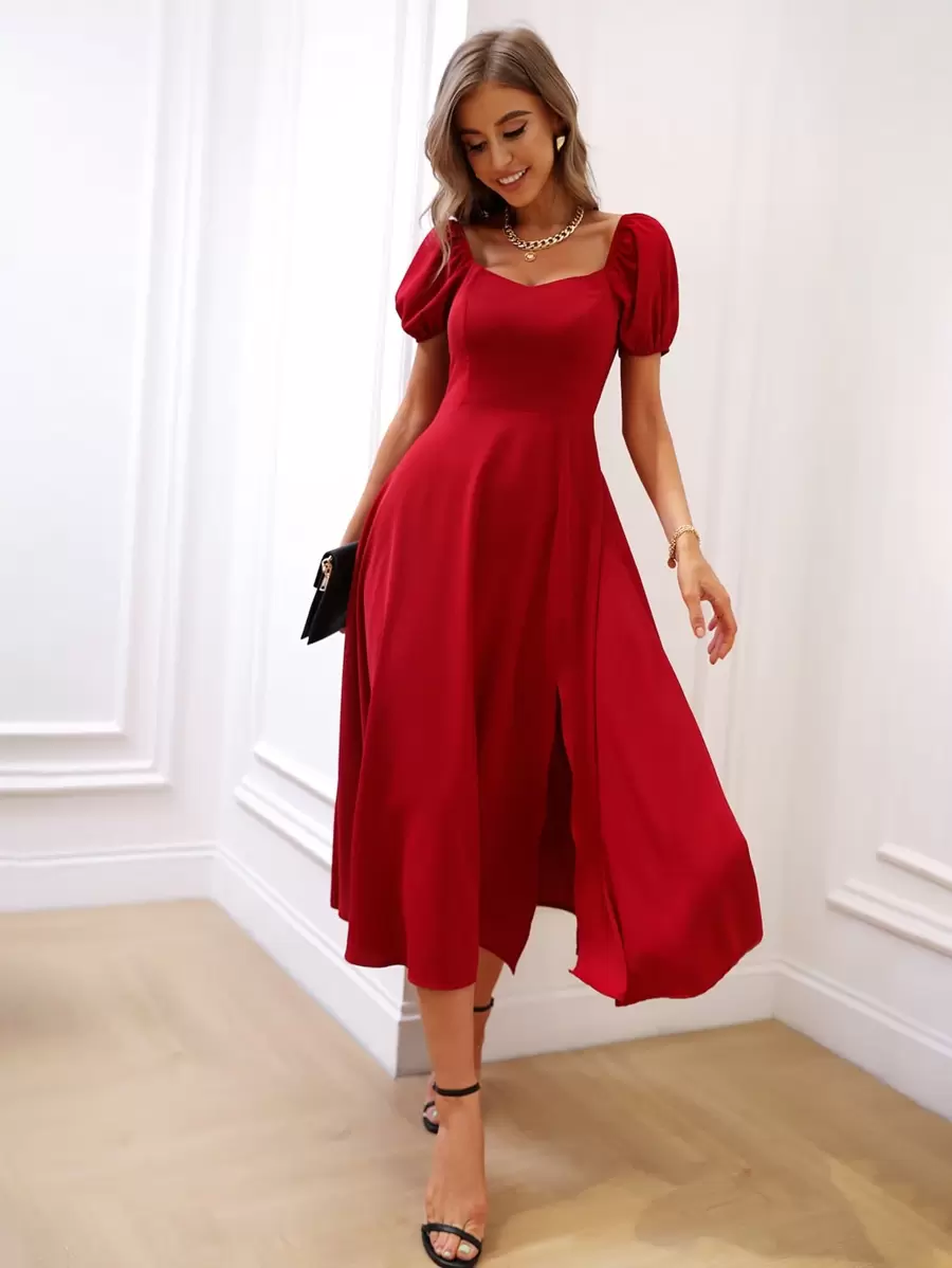 SHEIN Belle Vestido con escote de corazón, manga abullonada y abertura en el muslo para atuendo de Año Nuevo, de talla grande para mujer - Rojo - Ver 1