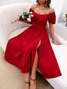 SHEIN Belle Vestido con escote de corazón, manga abullonada y abertura en el muslo para atuendo de Año Nuevo, de talla grande para mujer - Rojo - Ver 3