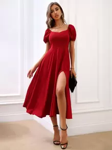 SHEIN Belle Vestido con escote de corazón, manga abullonada y abertura en el muslo para atuendo de Año Nuevo, de talla grande para mujer - Rojo - Ver 4