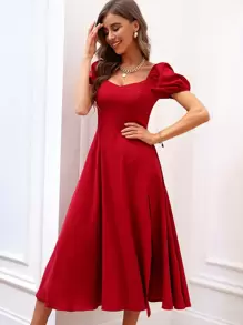 SHEIN Belle Vestido con escote de corazón, manga abullonada y abertura en el muslo para atuendo de Año Nuevo, de talla grande para mujer - Rojo - Ver 5