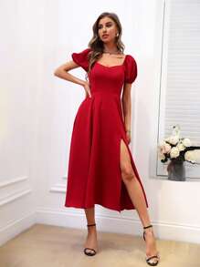 SHEIN Belle Vestido con escote de corazón, manga abullonada y abertura en el muslo para atuendo de Año Nuevo, de talla grande para mujer - Rojo - Ver 6