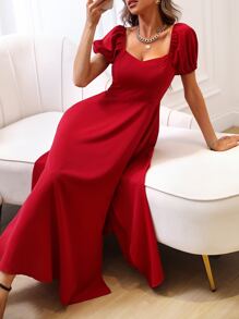 SHEIN Belle Vestido con escote de corazón, manga abullonada y abertura en el muslo para atuendo de Año Nuevo, de talla grande para mujer - Rojo - Ver 7