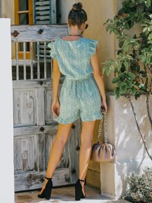 Allover Print Ruffle Hem Belted Jumpsuit - Green - View 2