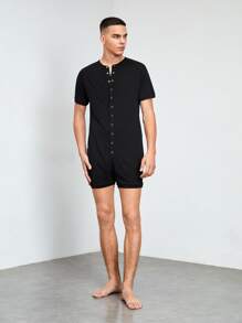 SHEIN Men Press Button Front Loungewear Romper - Black - View 2
