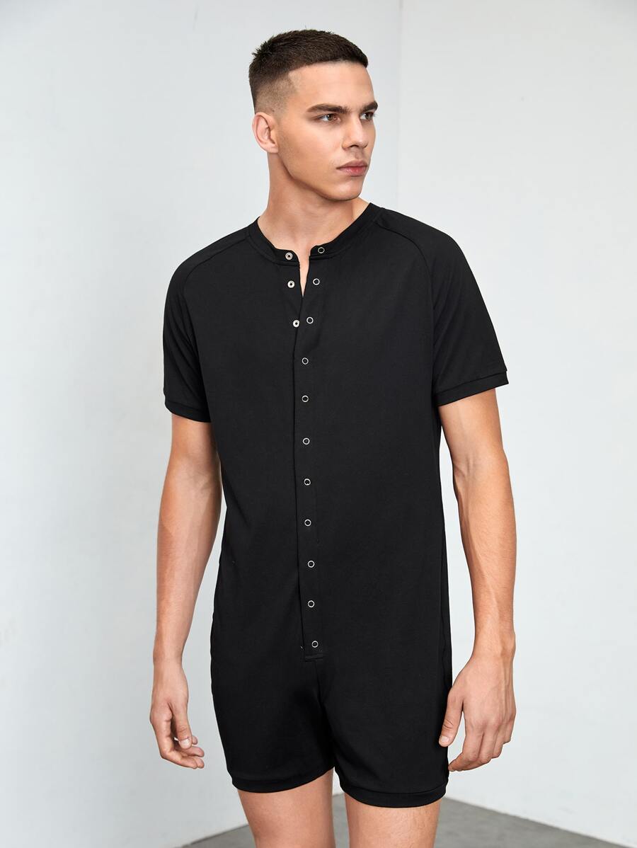 SHEIN Men Press Button Front Loungewear Romper - Black - View 1