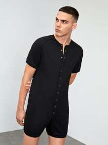 SHEIN Men Press Button Front Loungewear Romper - Black - View 3
