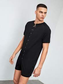 SHEIN Men Press Button Front Loungewear Romper - Black - View 5