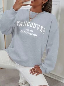 SHEIN Unity 落肩袖字母圖案運動衫 - 淺灰色 - 查看 1