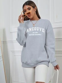 SHEIN Unity 落肩袖字母圖案運動衫 - 淺灰色 - 查看 3