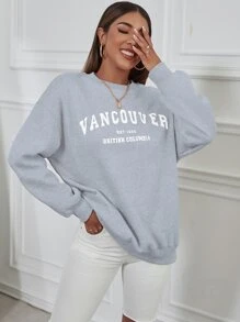 SHEIN Unity 落肩袖字母圖案運動衫 - 淺灰色 - 查看 5