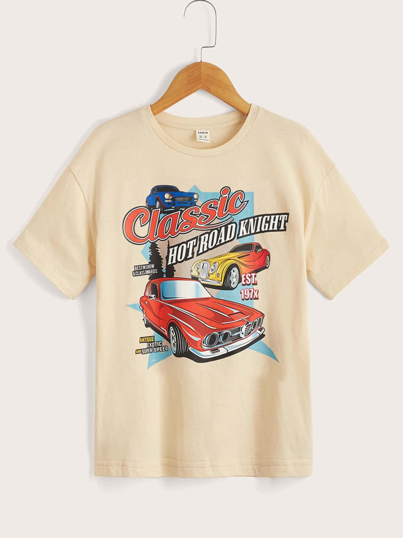 SHEIN Boys Letter & Car Print Tee - Khaki - View 1