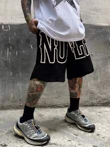 Manfinity EMRG 男士字母圖案腰部抽繩短褲 - 黑色 - 查看 3