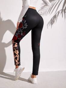 Floral Print Leggings - Black - View 1