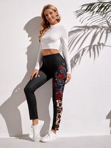 Floral Print Leggings - Black - View 3