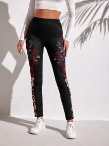 Floral Print Leggings - Black - View 4