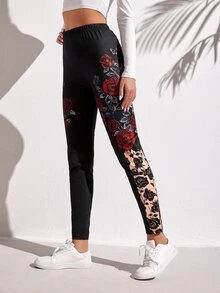 Floral Print Leggings - Black - View 5