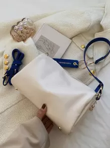 low tea 1 件拼色单肩水桶包，金属链条装饰，PU 材质，适合旅行、购物、约会、女士送礼。适合少女、大学生、工作、商务、通勤，时尚商务休闲包，适合办公室、商务和工作 - 藍白色 - 查看 6