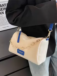 low tea 1 件拼色单肩水桶包，金属链条装饰，PU 材质，适合旅行、购物、约会、女士送礼。适合少女、大学生、工作、商务、通勤，时尚商务休闲包，适合办公室、商务和工作 - 藍白色 - 查看 5